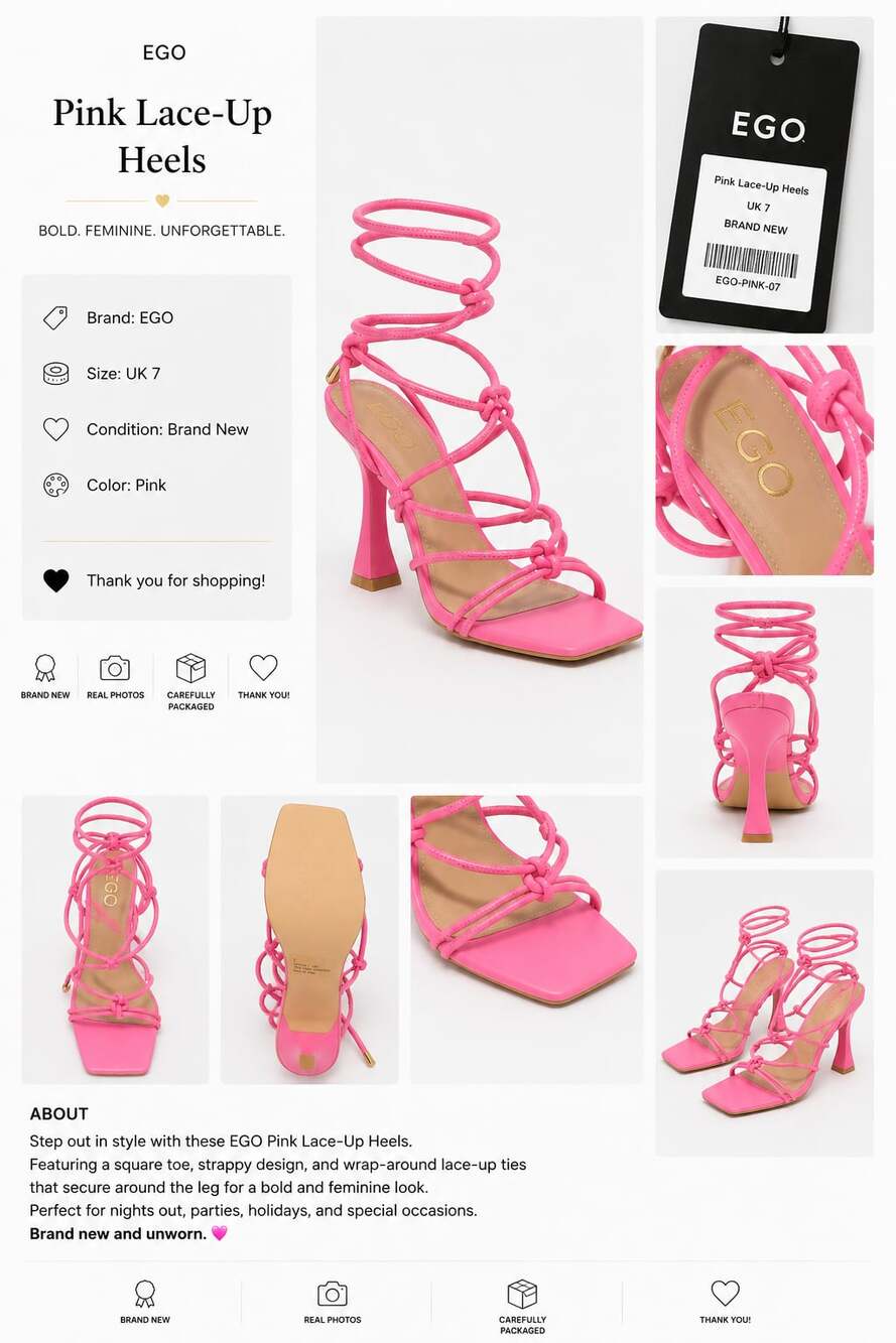 EGO Pink Lace-Up Heels Square Toe Strappy Sandals UK 7